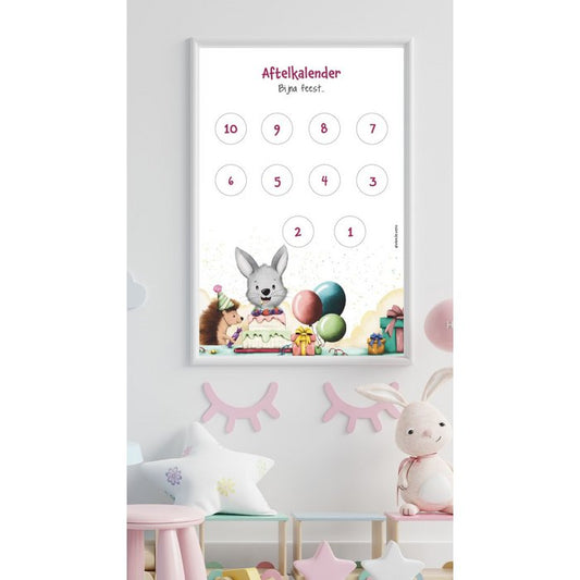 🎉 Aftelkalender Feestje – Aftelposter kinderen (A4) met vrolijke illustratie