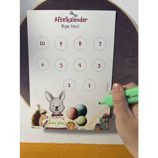 🎉 Aftelkalender Feestje – Aftelposter kinderen (A4) met vrolijke illustratie