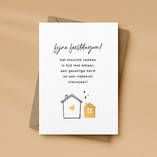 Kerstkaart goudfolie | Huisjes